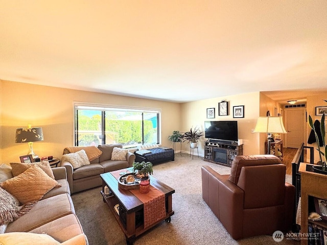 living area featuring carpet flooring