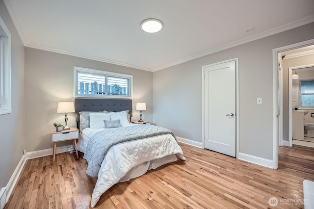 bedroom with crown molding, light wood-style flooring, baseboards, and multiple windows