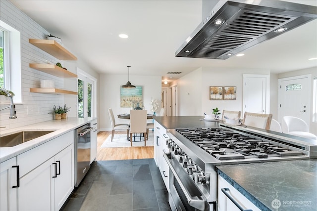 kitchen with extractor fan, appliances with stainless steel finishes, a sink, open shelves, and recessed lighting