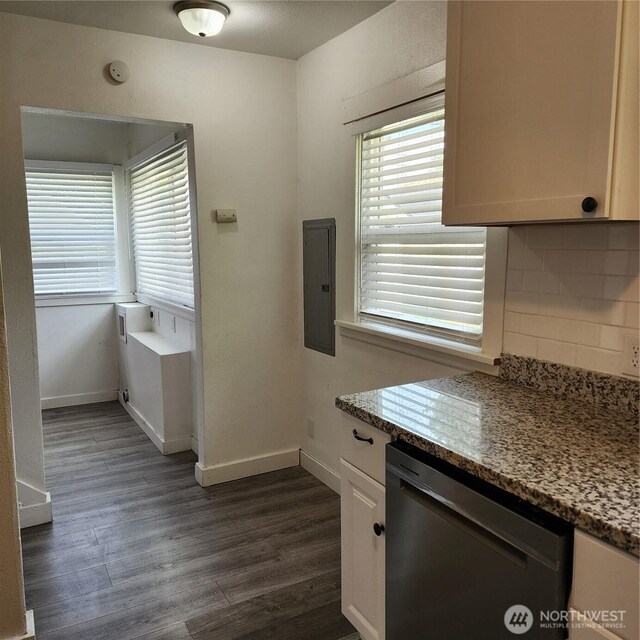 705 E 54th St, Tacoma, WA 98404 - kitchen with dishwasher, electric panel, tasteful backsplash, dark wood finished floors, and baseboards