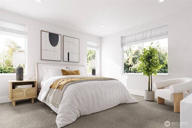 carpeted bedroom featuring recessed lighting and baseboards