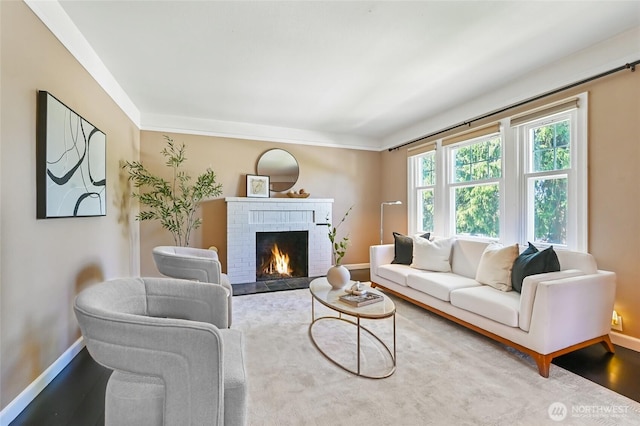 living area with baseboards, a fireplace, wood finished floors, and crown molding