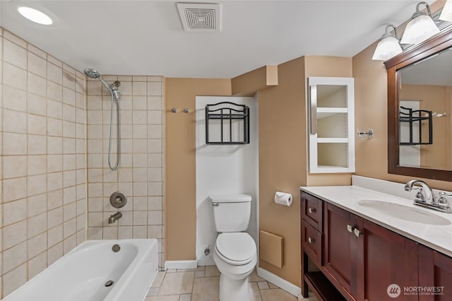 full bathroom featuring toilet, vanity, shower / bathtub combination, tile patterned floors, and baseboards
