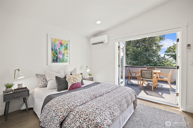 bedroom featuring an AC wall unit, access to exterior, wood finished floors, vaulted ceiling, and recessed lighting