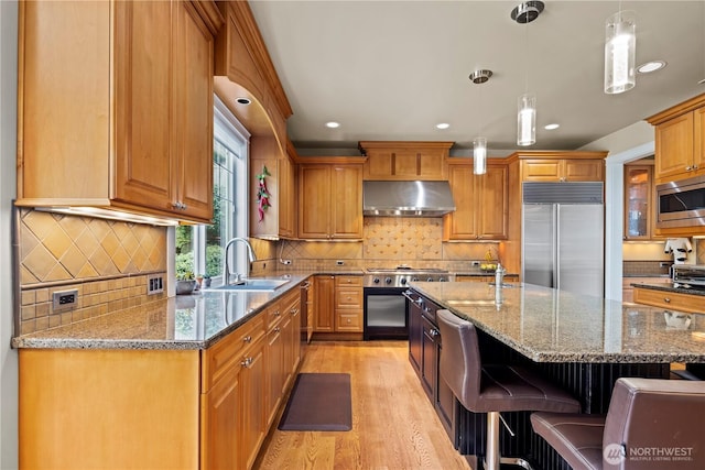 kitchen with a sink, brown cabinetry, ventilation hood, built in appliances, and light wood-style floors