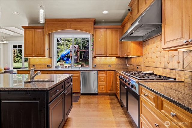 kitchen with a sink, appliances with stainless steel finishes, under cabinet range hood, and tasteful backsplash