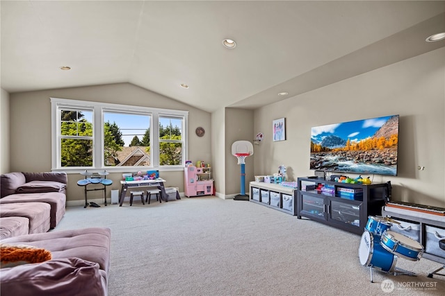 game room featuring lofted ceiling, baseboards, recessed lighting, and carpet floors