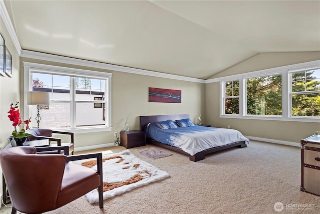 bedroom with multiple windows, baseboards, lofted ceiling, and carpet