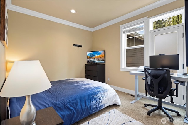 carpeted bedroom featuring crown molding, baseboards, and recessed lighting