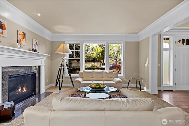 living room with baseboards, ornamental molding, and a high end fireplace