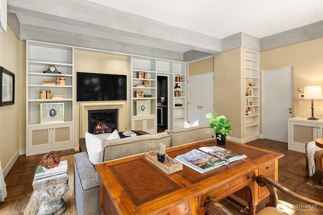 107 NW Highland Dr, Seattle, WA 98177 - living area with baseboards, a glass covered fireplace, and built in features