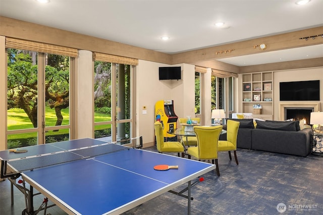 107 NW Highland Dr, Seattle, WA 98177 - rec room with recessed lighting and a lit fireplace