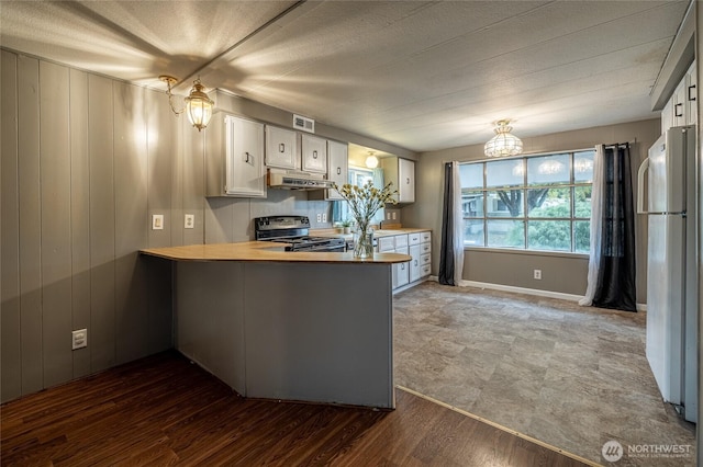 211 Pace Dr Unit 16, East Wenatchee, WA 98802 - kitchen featuring electric range, under cabinet range hood, freestanding refrigerator, a peninsula, and white cabinetry