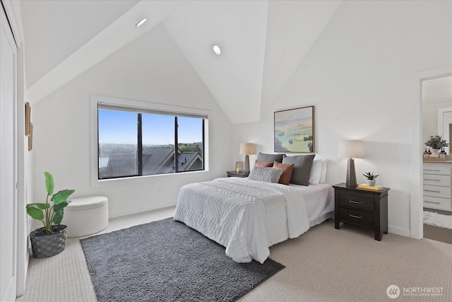 bedroom with light carpet, lofted ceiling, and recessed lighting