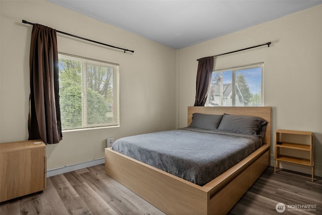 bedroom featuring wood finished floors and baseboards
