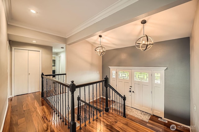 1851 58th St NE, Tacoma, WA 98422 - foyer entrance featuring hardwood / wood-style flooring, ornamental molding, a chandelier, and recessed lighting
