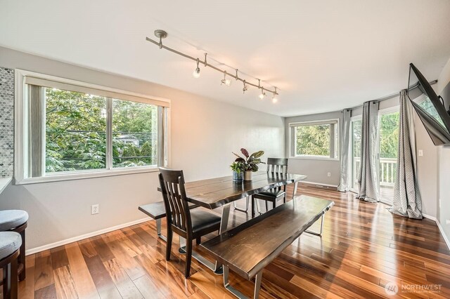1851 58th St NE, Tacoma, WA 98422 - dining room featuring healthy amount of natural light, rail lighting, baseboards, and hardwood / wood-style floors