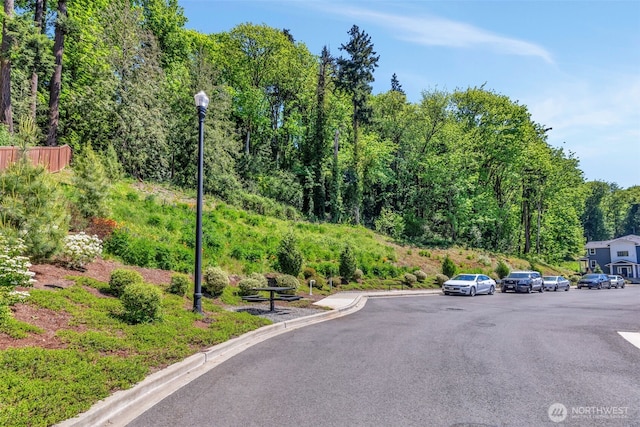 view of asphalt street featuring street lighting, curbs, and a view of trees