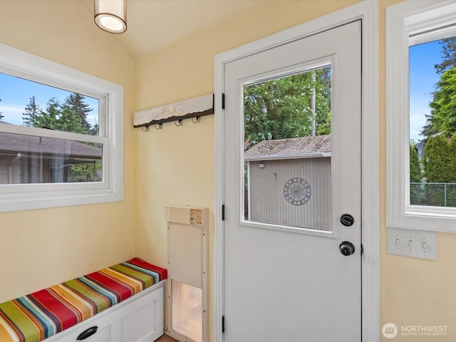 doorway featuring plenty of natural light and vaulted ceiling