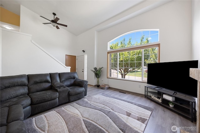 2983 Sonoran Dr, Richland, WA 99354 - living room featuring wood finished floors, high vaulted ceiling, visible vents, ceiling fan, and baseboards