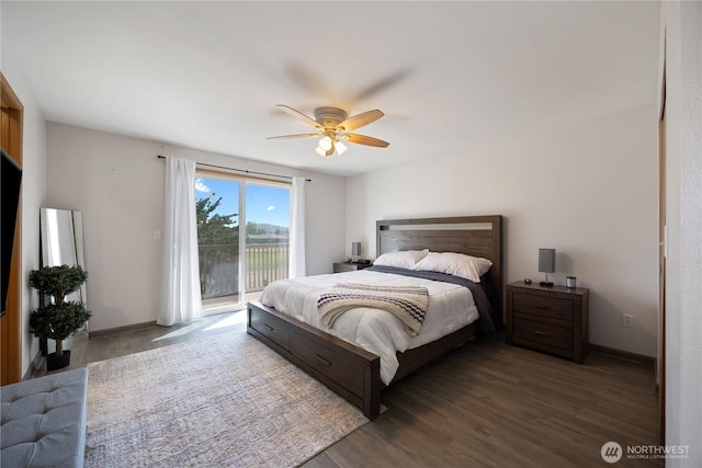 2983 Sonoran Dr, Richland, WA 99354 - bedroom featuring baseboards, wood finished floors, ceiling fan, and access to exterior