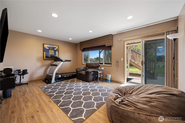 2983 Sonoran Dr, Richland, WA 99354 - exercise room featuring recessed lighting, baseboards, and wood finished floors