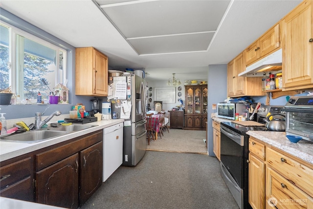 18246 Cinnamon Ln SW, Rochester, WA 98579 - kitchen with stainless steel appliances, a sink, under cabinet range hood, and light countertops