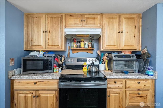 18246 Cinnamon Ln SW, Rochester, WA 98579 - kitchen featuring black electric range, stainless steel microwave, under cabinet range hood, and light brown cabinetry