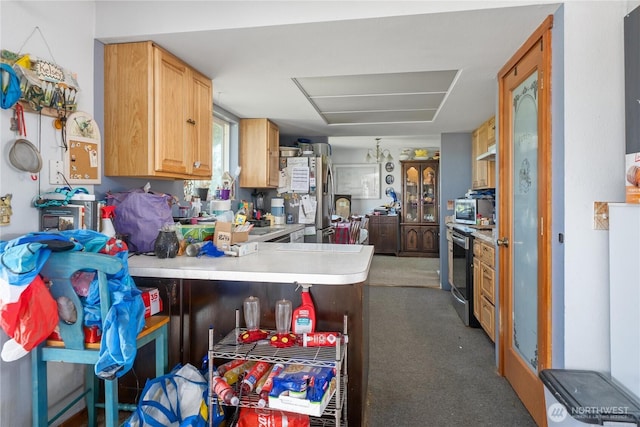 18246 Cinnamon Ln SW, Rochester, WA 98579 - kitchen featuring appliances with stainless steel finishes, light countertops, light colored carpet, a peninsula, and under cabinet range hood