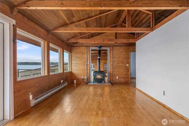 3312 SW 172nd St, Burien, WA 98166 - unfurnished living room with baseboard heating, wooden walls, wooden ceiling, hardwood / wood-style floors, and a wood stove