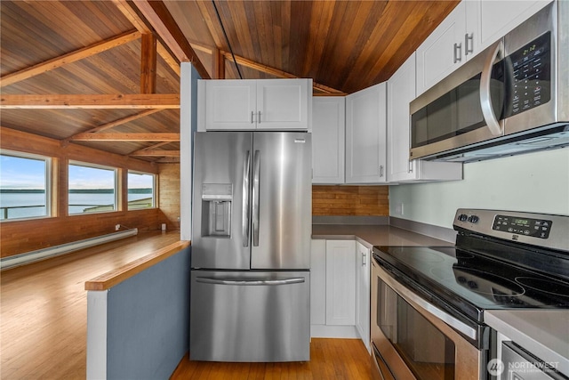 3312 SW 172nd St, Burien, WA 98166 - kitchen featuring appliances with stainless steel finishes, wooden ceiling, white cabinets, light wood-type flooring, and a baseboard radiator