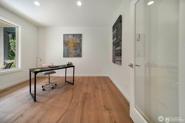 39195 Blackmouth Pl NE, Hansville, WA 98340 - office area featuring light wood finished floors, baseboards, and recessed lighting