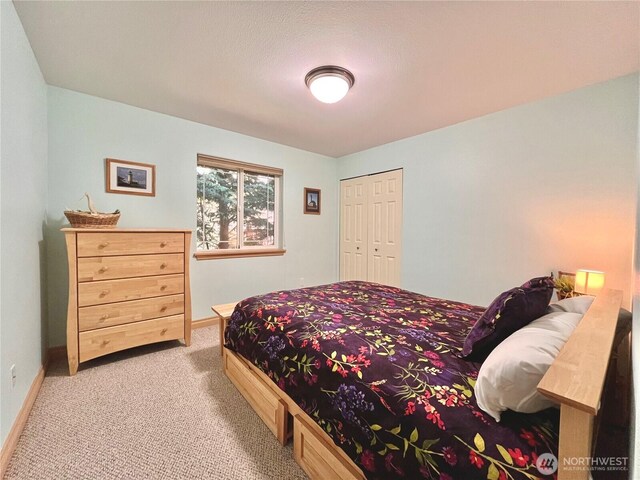 bedroom featuring baseboards, light carpet, and a closet
