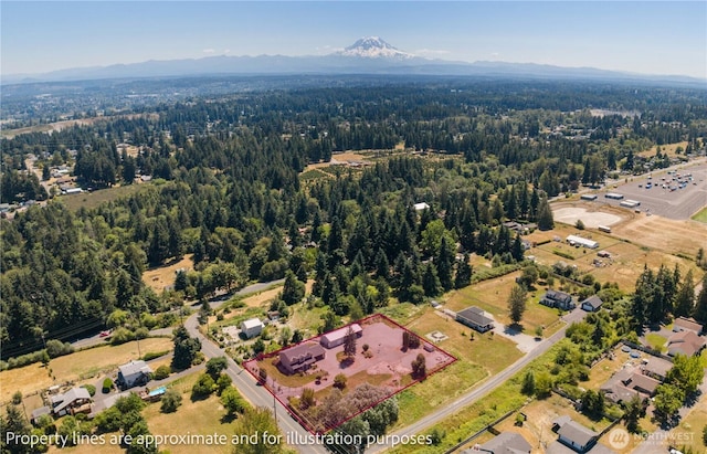 3612 64th St E, Tacoma, WA 98443 - aerial overview of property's location with property boundaries highlighted and a mountainous background