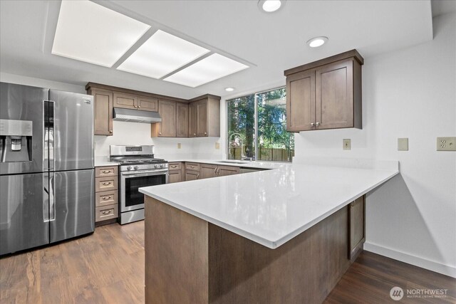 kitchen featuring appliances with stainless steel finishes, under cabinet range hood, a sink, a peninsula, and light countertops