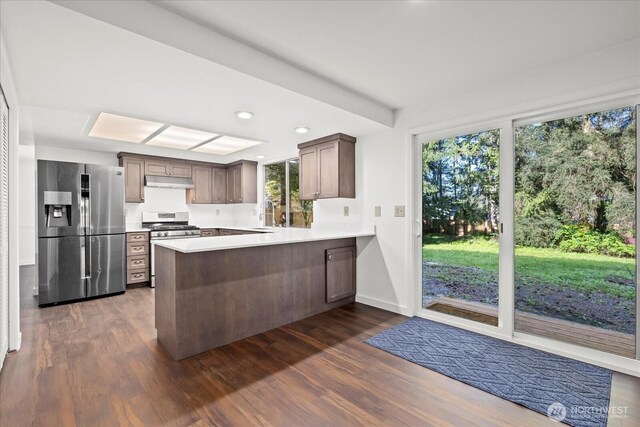 kitchen with stainless steel appliances, a peninsula, dark wood-type flooring, under cabinet range hood, and light countertops