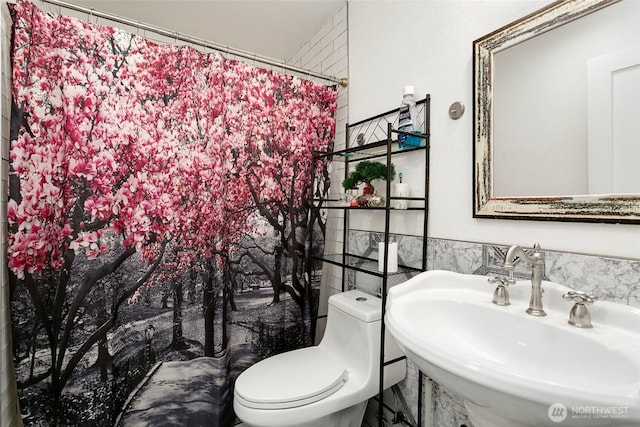 full bath featuring a sink, toilet, and curtained shower