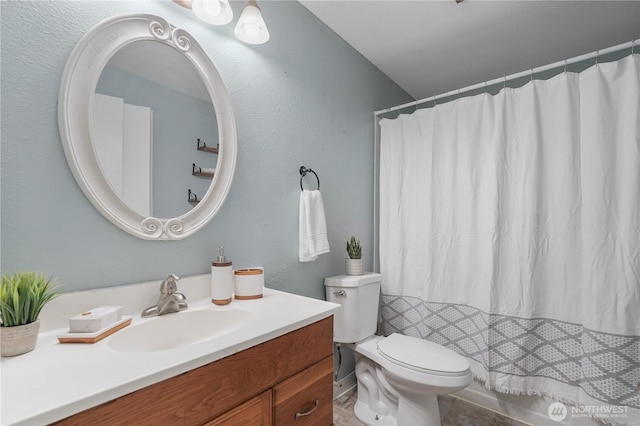 bathroom featuring toilet, vanity, and curtained shower