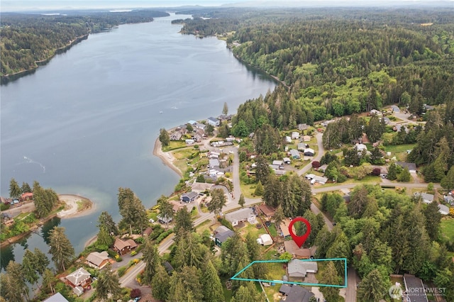 aerial view of residential area featuring a forest, a large body of water, and property boundaries highlighted
