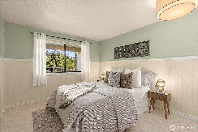 bedroom with wainscoting, carpet, and baseboards