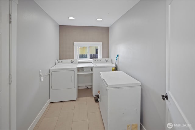 238SE 6th Ave, Soap Lake, WA 98851 - clothes washing area featuring washing machine and clothes dryer, baseboards, light tile patterned flooring, and recessed lighting