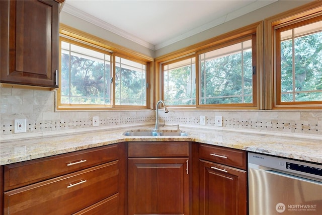 2022 Scarpelli Dr, Walla Walla, WA 99362 - kitchen with dishwasher, a sink, light stone counters, backsplash, and crown molding