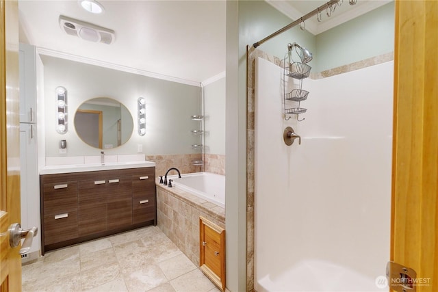 2022 Scarpelli Dr, Walla Walla, WA 99362 - full bathroom with a walk in shower, crown molding, vanity, a bath, and tile patterned flooring