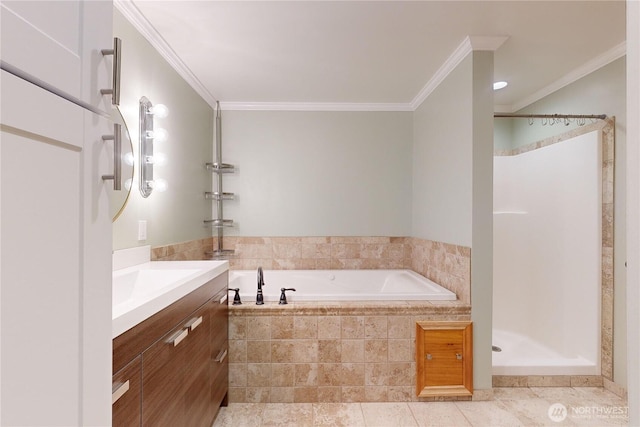 2022 Scarpelli Dr, Walla Walla, WA 99362 - bathroom with ornamental molding, vanity, a walk in shower, a bath, and tile patterned flooring