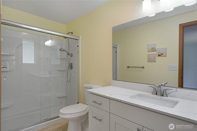 bathroom with toilet, a stall shower, and vanity