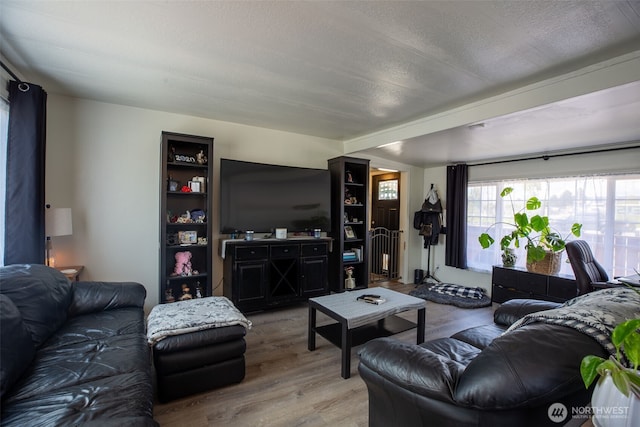 living room with wood finished floors and beam ceiling