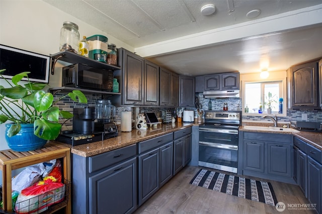 kitchen with range with two ovens, under cabinet range hood, black microwave, a sink, and decorative backsplash