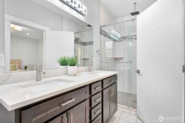 5010 NW Dr, Bellingham, WA 98226 - full bath featuring a stall shower, marble finish floors, double vanity, and a chandelier
