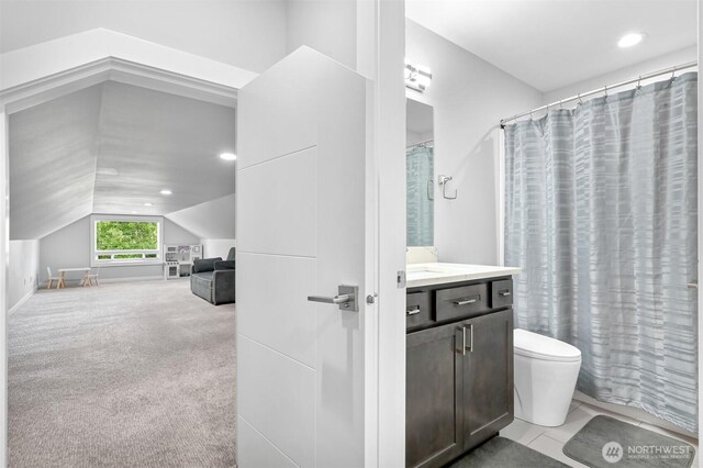 5010 NW Dr, Bellingham, WA 98226 - full bathroom with lofted ceiling, toilet, vanity, recessed lighting, and curtained shower