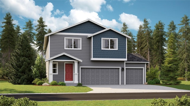 view of front of house with concrete driveway, a front yard, and an attached garage